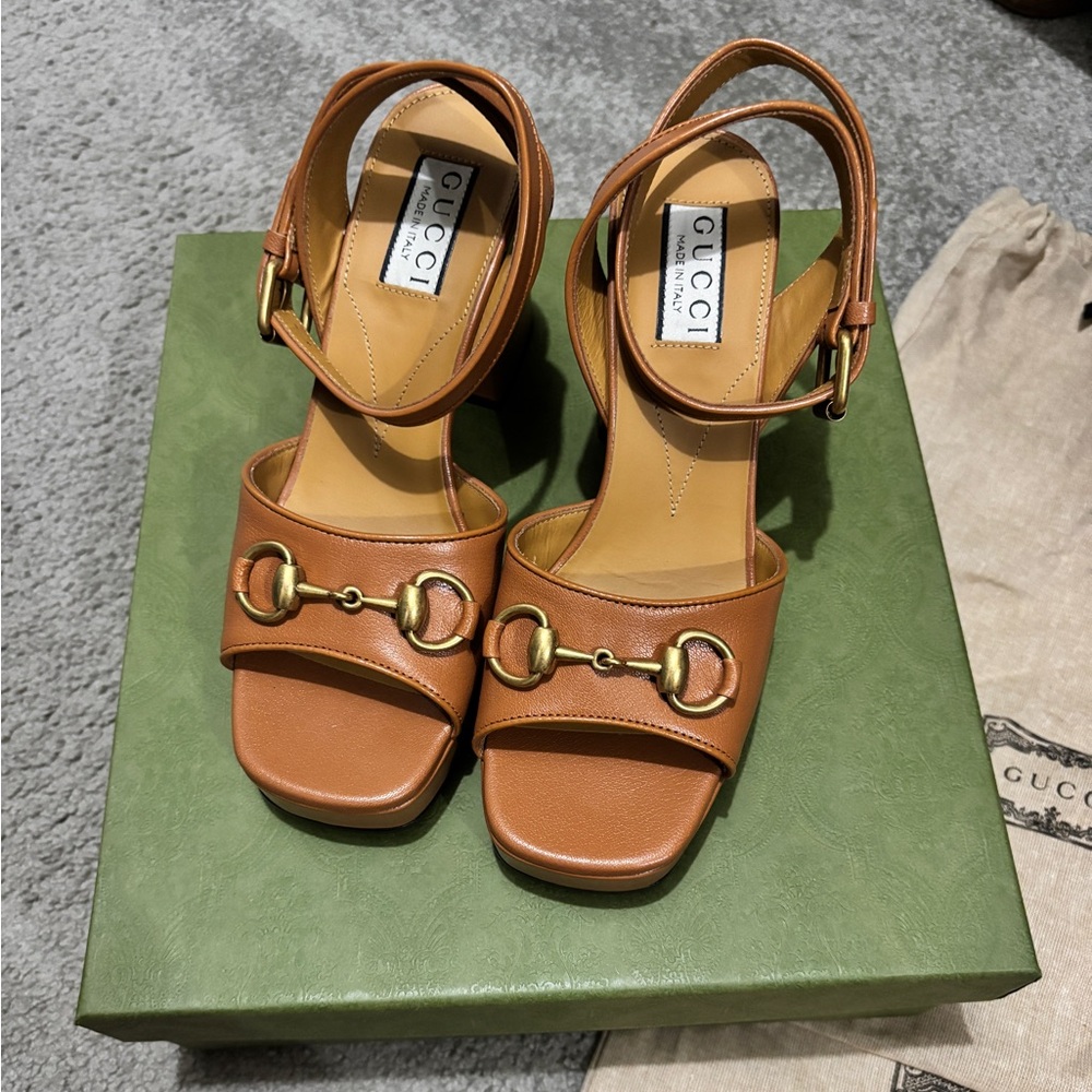 Gucci Quentin Granada Kid Horsebit Platform Sandals.
